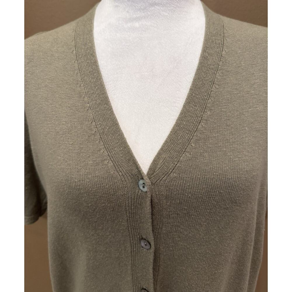 J Jill Button-Front Short-Sleeve V-Neck Linen Blend Sage Size M